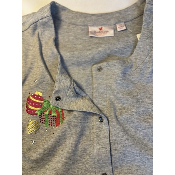 QUAKER FACTORY Embellished Christmas Gray Snap Front Sweatshirt 2X Holiday Tree - Picture 12 of 16